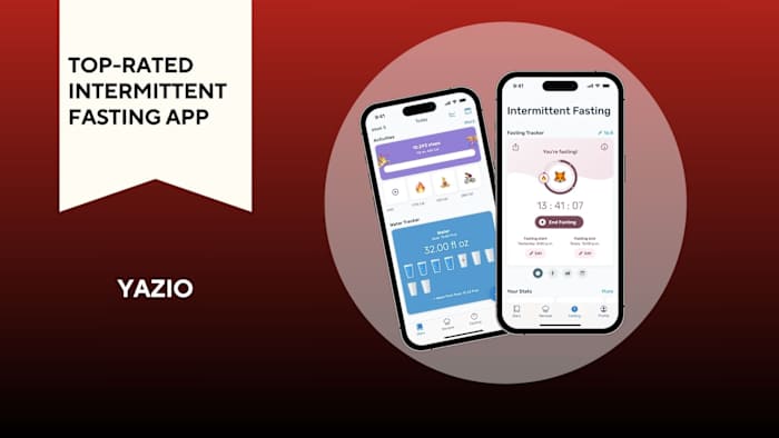 Image of two iPhones with Yazio app on the screen against a red background.